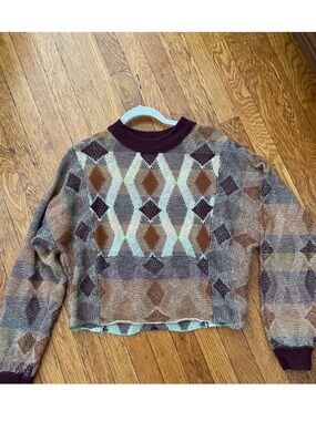 Diamond-Pattern Cropped Sweater - Brown & Cream